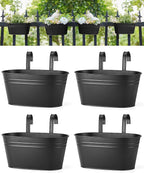 Dahey 10.5 Inch Metal Iron Hanging Flower Pots for Railing Fence Hanging Bucket Pots Countryside Style Outdoor Planter Window Flower Plant Holder with Detachable Hooks Home Decor, Black,4 Pcs