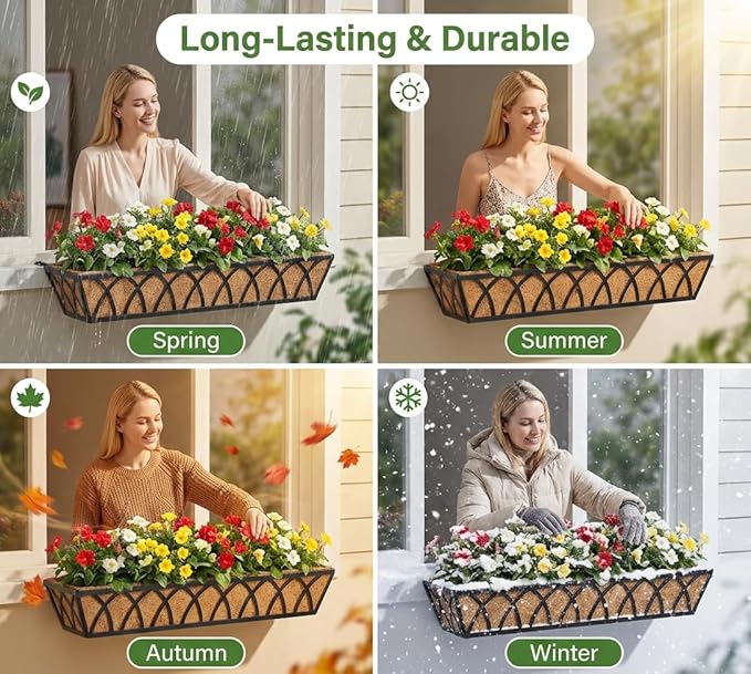 Y&M 30 Inch Window Deck with Coco Liner, Fence Metal Hanging Flower Planter Basket Deck Railing Planter Boxes for Outdoor Garden Lawn, 24" Window Boxes Horse Trough with Coconut Coir Liner,2pcs