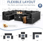 NICESOUL 9 Piece Modern Outdoor Furniture Set with Fire Pit Table, 8 Seat L-Shaped Extra Large Sectional Sofa Sets, 29.3'' High Back Comfy Modular Wicker Conversations, Natural Gas & Propane, Grey