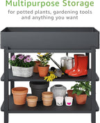 Metal Raised Garden Bed with Trellis & 2-Tier Storage Shelf, Elevated Planter Box with Legs -Includes 3 Flower Pots, Outdoor Vertical Garden for Vegetables Herbs Climbing Plants Patio Balcony