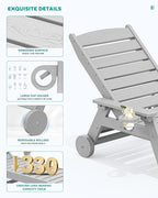 SERWALL Patio Chaise Lounge Chair, 78'' Long HDPE 5 Positions Adjustable Outdoor Lounger, Poly Lounge Chair with Rolling Wheels & Cup Holder for Pool, Space Gray