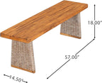 Christopher Knight Home Pasco Acacia Wood Outdoor Dining Table Set for 6, Wicker Patio Dining Set with Acacia Wood Table and Bench, Patio Table and Chair Set with Cushion+Rope Backrest,Brown+Teak+Grey