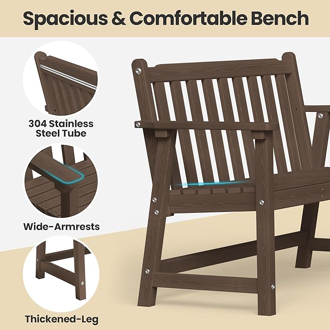 Ciokea 48" Outdoor Bench, HDPE Weatherproof Porch Bench, 2-Person Garden Benches with 550 Lbs, Waterproof Patio Benches for Outside Balcony Deck Backyard, Brown