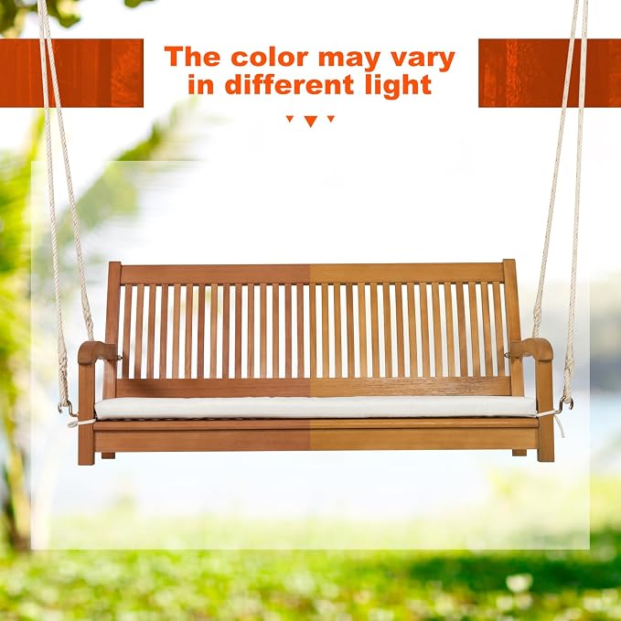 Porch Swing, 2-Person Eucalyptus Wood Bench with Cushion, Natural