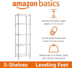 Amazon Basics 5-Shelf Tower Adjustable Storage Shelving Unit, Chrome, 16" x 16" x 54", 150 lbs Per Shelf | Tower, Adjustable