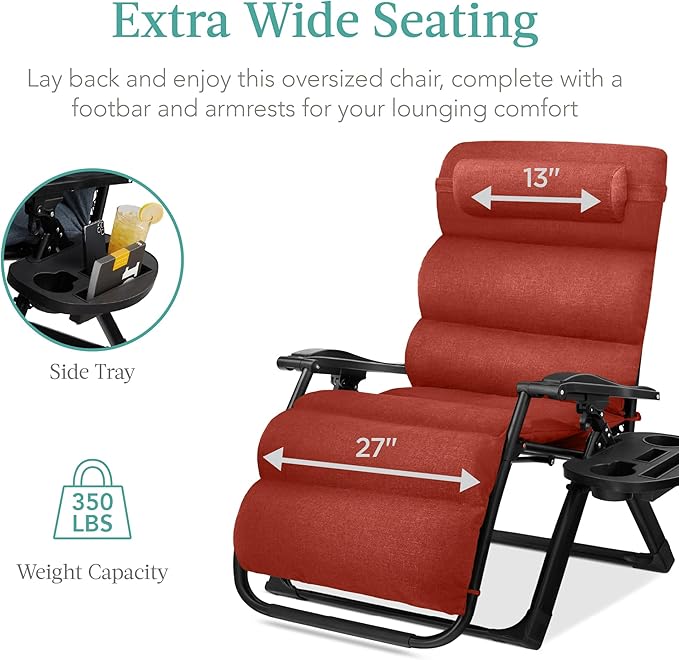 Best Choice Products Oversized Zero Gravity Chair, Folding Outdoor Patio Recliner, XL Anti Gravity Lounger w/Removable Cushion, Cup Holder, Side Tray, 350lb Capacity - Burnt Orange