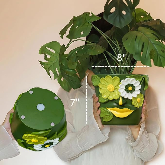 GUGUGO 8 Inch Large Flower Face Planters, Abstract Unique Head Plant Pot with Drainage, Rainbow Colorful Cute Flower Plant Pots for Indoor Plants, Funny Gardening Pot Gift Home Décor, Green&White