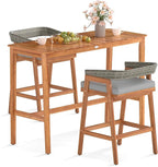 Tangkula 3 Piece Patio Bar Set, Outdoor Acacia Wood Counter Height Table with 2 Cushioned Barstools with Curved Rattan Back and Footrest, for Backyard, Poolside, Balcony