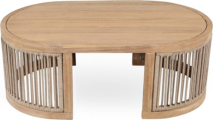 Christopher Knight Home Buekaz Outdoor Acacia Wood Coffee Table with Woven Rope Accents, Outdoor Patio Slatted Oval Centerpiece, Boho Chic Garden Sofa Side Accent Table for Modern Decor, Light Teak