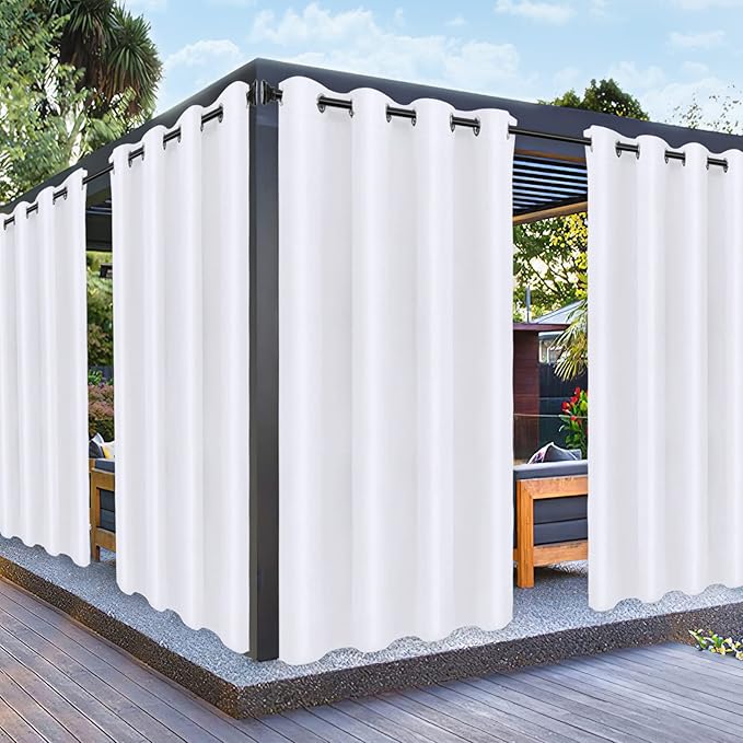 PureFit Outdoor Curtains for Patio Waterproof Weatherproof, UV Resistant Outside Curtains for Gazebo, Front Porch, Pergola, Sun Blocking Privacy Curtain, 52W x 120L inch, Set of 2, White