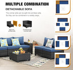 8 Pieces Patio Furniture Set All-Weather Outdoor Wicker Sectional Conversation Sofa Rattan Patio Seating Sofa with Cushion and Glass Table for Porch Poolside,Navy