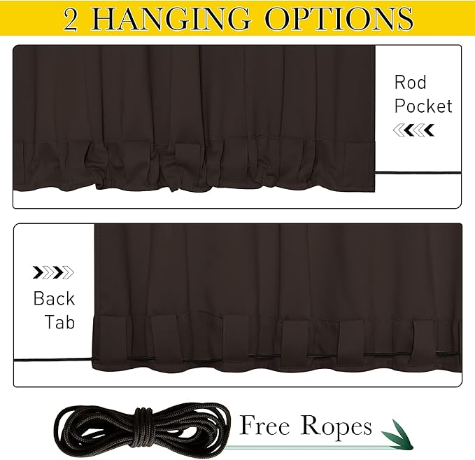NICETOWN 2 Panels Outdoor Curtains for Patio Waterproof & Windproof, Thermal Insulated Top & Bottom Grommet & Back Tab Sun Blocking Outdoor Drapes with Fixed Rope for Gazebo, Toffee Brown, W66 x L90