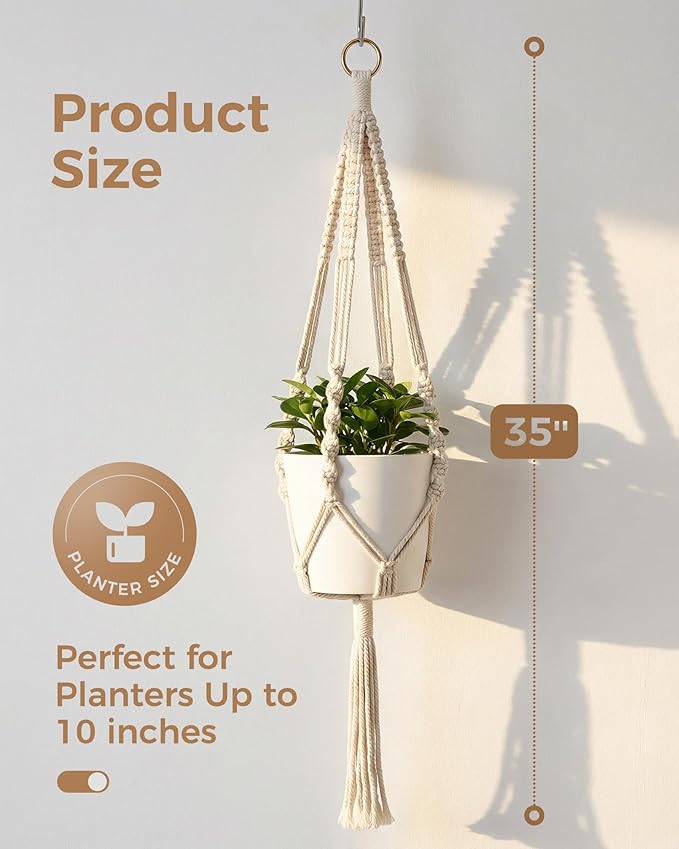 Bamworld Macrame Plant Hanger Indoor Hanging Planter for Plants Hanging Plant Basket Macrame Wall Hanging Planters Boho Decor Home Room Decor Aesthetic 36 Inches Ivory, Set of 2
