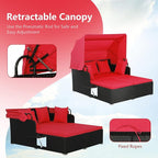 COSTWAY Outdoor Daybed with Retractable Canopy, Wicker Patio Furniture Set with Cushioned Pillows, Patio Rattan Daybed for Deck, Backyard, Poolside (Red)