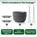 T4U 8 Inch Hanging Planters for Indoor Outdoor Plants, Self Watering Hanging Pot Pack of 2, Hanging Pots with Drainage Hole & Plug & Chain with 3 Hooks for Garden Home Decor, Grey