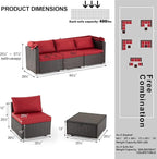 HOMREST 6 Pieces Patio Furniture Sets, Rattan Daybed with Retractable Canopy, Outdoor Sectional Sofa Set with Adjustable Backrest, Chaise Chair Sunbed for Garden Poolside Backyard(Red)