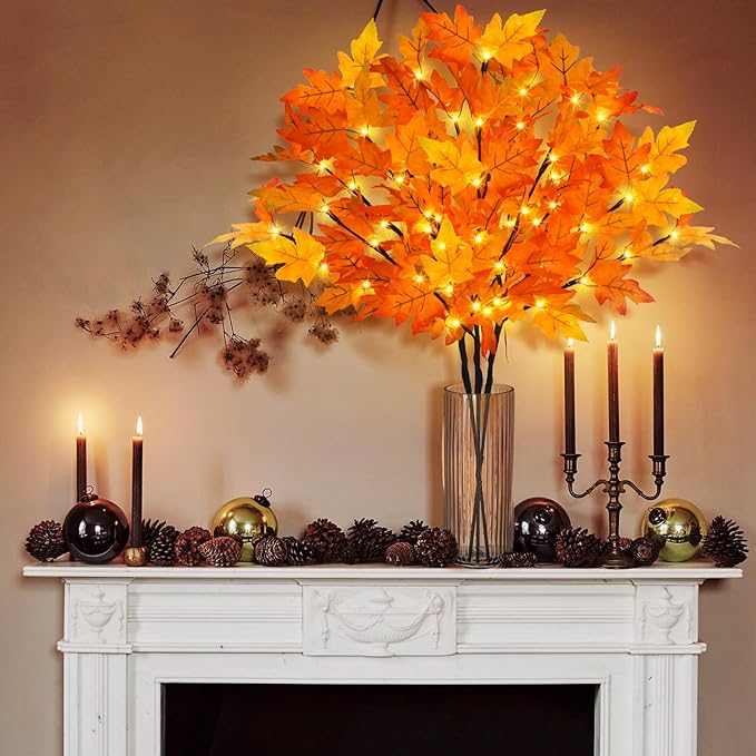 Artificial Maple Leaves Branches, 3-Pack 30-Inch Orange LED Lighted Stems