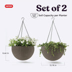 Keter Resin Rattan Set of 2 Round Hanging Planter Baskets for Indoor and Outdoor Plants-Perfect for Porches and Patio Decor, Cappuccino
