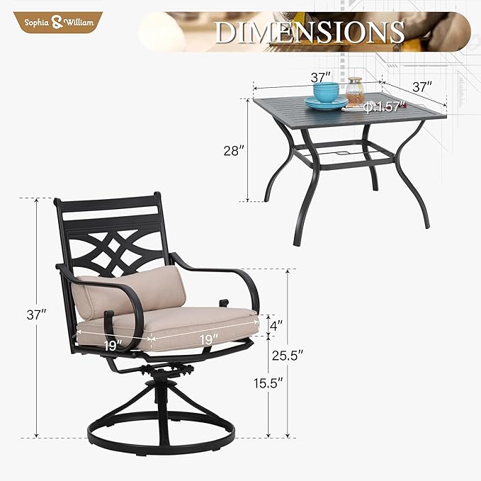 Sophia and William Outdoor Patio Dining Set for 4, Outdoor Table and Chairs, Removable Seat Cushions, Black 37" Patio Dining Table