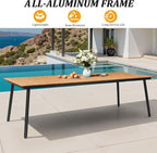 95" Patio Outdoor Dining Table for 8-10, Weather-Resistant Wood-Grain Top with Aluminum Frame & Umbrella Hole for Deck Gatherings, Brown