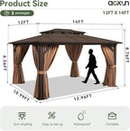 Aoxun 12'x14' Hardtop Gazebo with Double Polycarbonate Roof, Aluminum Frame Permanent Pavilion Includes Netting & Curtains for Patio, Lawn & Garden (Khaki)