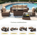 Aoxun 7 Piece Patio Furniture Set with Wide Armrests & 44” Fire Pit Table Wicker Rattan Outdoor Sectional Sofa Set with Coffee Table and Thick Cushion, Khaki (Waterproof Cover Included)