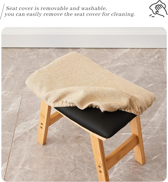 Foot Stool,Ottoman,Bamboo Small Sofa Foot Rest Under Desk,Extra Seating for Living Room, Bedroom and Kitchen (Natural Stool Legs - Beige Surface)