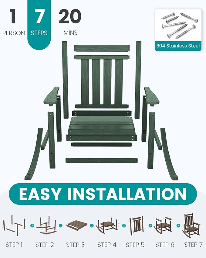SEWALL HDPE Rocking Chair, Oversized Outdoor Rocking Chair for Adults, Patio Rocker for Porch, Green