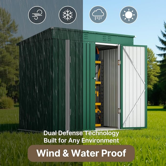 Outdoor Storage Shed, 6x4 ft Green Steel with Lockable Doors