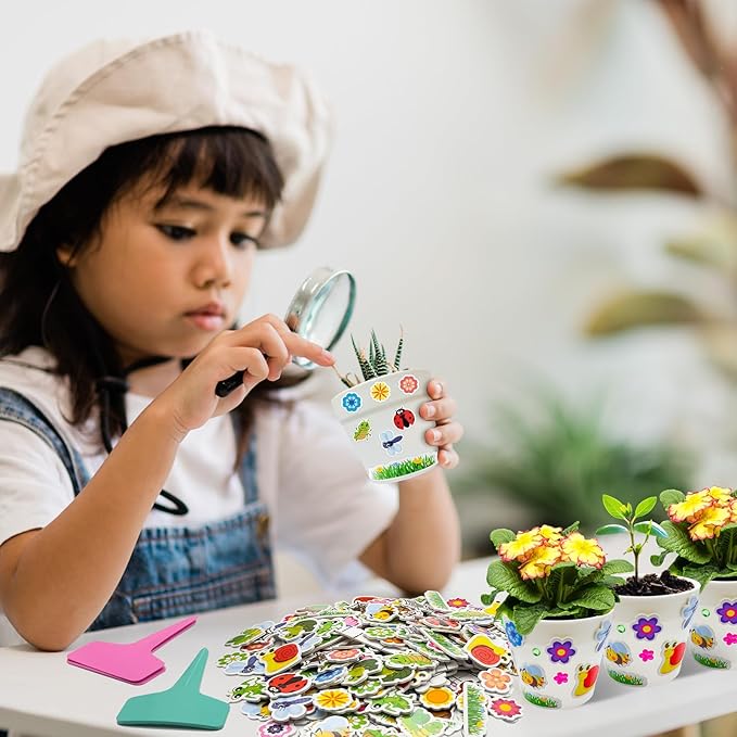 Cinrobiye 30 Set Garden Paper Pot Craft Kit，DIY Flower Plant Crafts with 216 Foam Stickers Watercolor Pens Plastic Plant Tags for Spring Summer Gardening Art Project Classroom Party Activities (Big)