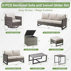 Belord Spacious 11 Pieces Patio Conversation Set - 5-Seater Outdoor Furniture Sectional Sets with Swivel Glider Chairs Set of 4 and Storage Box, Metal Top Coffee Table with Embedded Ottoman Gray