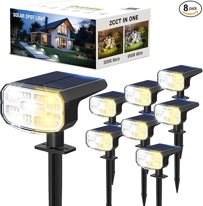 DAMINY Solar Spotlights Outdoor Waterproof IP65,2 CCT(Warm White & Cool White),4 Lighting Modes Solar spot Lights for Yard,Garden,Pathway,Landscape,Auto On/Off-8 Pack