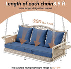 Upgraded Wicker Hanging Porch Swing Heavy Duty 900 LBS 3-Seat Outdoor Patio Swing Chair Bench for Adult w/ 8.9ft Hanging Chains Cushions and Cup Holder(Grey/Blue)