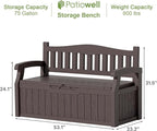 Patiowell 75 Gallon Plastic Storage Bench, Water-Resistant Deck Box for Patio Furniture, Garden Tools, Pool Storage and Outdoor Cushions, Brown