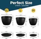 Black Plant Pots with Drainage Holes & Saucers 3 Pack, Indoor & Outdoor Stackable Space-Saving Planters for Houseplants & Flowers, (7", 6.7", and 6" Inches), Durable & Weatherproof Materials