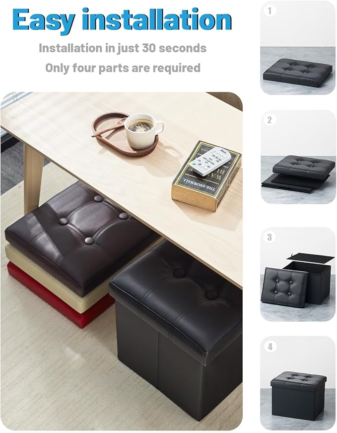 AmasSmile Storage Ottoman Folding Foot Rest Stool, Leather Footstool Bench, Short Ottoman Stool, Storage Foot Rest Store, Books (Black-2pc, 17" D x 13" W x 13" H)