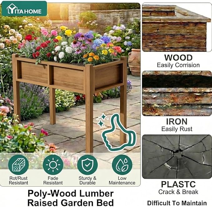 YITAHOME Elevated Garden Bed HDPE Raised Garden Bed with Legs & Drainage Hole Poly-Wood Weatherproof Elevated Planter Box Patio Planters for Vegetables Flowers Plant Bed for Garden, Teak