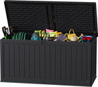 JUMMICO 270 Gallon Outdoor Storage Deck Box with Divider, Double Wall Storage Box with Lockable Lid for Garden Tools, Pools Supplies (Black)
