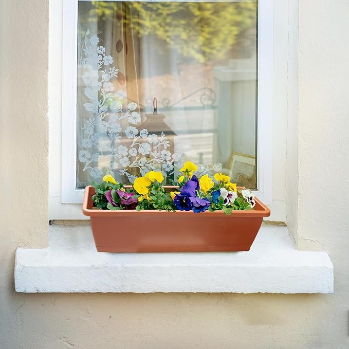 QPEY Window Box Planter, 10 Pack 17 Inch Plastic Flower Box with Tray Rectangular Planters for Outdoor Indoor Plants Garden Home Decor (red)