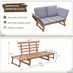 Devoko Outdoor Couch Acacia Wood Patio Couch with Adjustable Armrests, Outdoor Convertible Sofa with Removable Cushions & Pillows for Patio, Porch, Poolside(Grey)