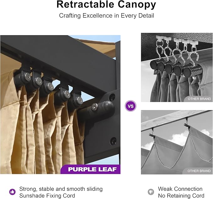 PURPLE LEAF 10' x 13' Aluminum Outdoor Pergola Modern Grape Trellis Retractable Pergola with Double Sun Shade Canopy Metal Pergola with Light for Patios Backyard Deck Garden, Khaki