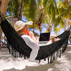 Bellzacasa Double Hammock, Heavy Duty 500 lb Load Capacity Tassels and Fishtail Knitting with Mounting Straps for Outdoor Camping Patio Balcony Black