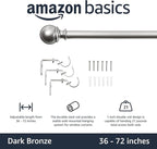 Amazon Basics Sturdy Adjustable Curtain Rod for Windows with Round Finials, Easy Installation, 1-Inch Rod, 36" to 72", Nickel, 1-Pack