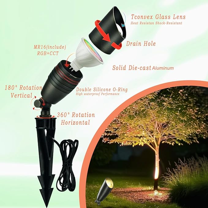 Outdoor Spotlights, 12V Die-Cast Aluminum with RGB+CCT MR16 Bulbs