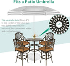 VIVIJASON 5-Piece Patio Swivel Bar Stools Set, All Weather Cast Aluminum Outdoor Bar Height Bistro Set with 4 Cushioned Bar Chairs & 35.4" High Bar Table w/Umbrella Hole for Backyard, Lawn, Garden