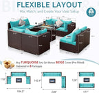 NICESOUL 9 Piece Large Outdoor Patio Furniture Set with Fire Pit Propane/Natural Gas, 29.3'' High Back Comfy Rattan Modular Sectional for 8, Deep Seat Conversation Sets, Brown Rattan and Teal Cushion