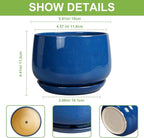G EPGardening 6 Inch Plant Pot - Round Ceramic Planter Indoor with Drainage and Ceramic Saucer for Flower, Modern Desk Decor, Modern Garden Gift, Blue