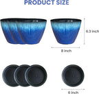 8 inch Plant Pots with Drainage Holes, Pack of 4 Plastic Flower Pots Indoor, Modern Glossy Finishing Planter for Indoor Outdoor Plants (Blue Glaze, 4 Pack)