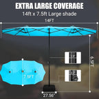 LEVELEVE 14FT Double-Sided Patio Umbrella with Base Included, Large Outdoor Rectangular Market Umbrella for Backyard, Poolside, Lawn & Garden,Blue