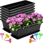 Fasmov 7 Pack 17 Inches Flower Window Box Plastic Vegetable Planters with Trays Vegetables Growing Container Garden Flower Plant Pot with 7 Pcs Plant Labels for Balcony, Patio, Garden, Black